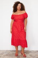 Trendyol Curve Red Polka Dot Patterned A-line Maxi Length Knitted Plus Size Dress