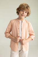 DEFACTO Boy's Stand Collar Linen Look Basic Long Sleeve Shirt