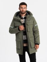 Ombre Men's insulated long jacket with reflective elements - olive