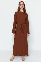 Trendyol Brown Belted Woven Crinkle Dress