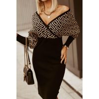 Elegantna Midi Haljina S Geometrijskim Uzorkom I Izrezom Sonda, Bež