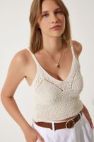 Happiness İstanbul Women's Cream Openwork Strappy Crop Knitwear Blouse