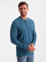 Ombre Men's waffle knit longsleeve fastened at the neck - blue denim