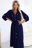 531-6 Midi Shirt Dress with Gold Buttons and Tie - Navy Blue