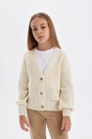 DEFACTO Girl's Knitwear Basic Plain Buttoned Ecru V Neck Cardigan A2298a824au