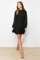 Trendyol Black A-Line Ruffle Detailed Stand Collar Mini Lined Chiffon Woven Winter Dress