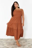 Trendyol Curve Brown Relaxed Adjustable Strap Long Woven Plus Size Dress