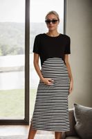 67856 Dewberry Short Sleeve Striped Pregnant Dress Set-BLACK