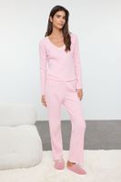 Trendyol Pink Lace and Ribbon/Bow Detail Ribbed Knitted Pajama Set