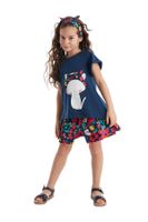 Denokids Floral Cat Girl's Navy Blue Summer T-shirt Poplin Shorts Set