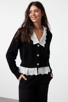 Trendyol Black Crop Woven Garni Detailed V Neck Knitwear Cardigan