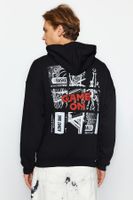 Trendyol Black Oversize/Wide Fit Hooded Basketball Printed Cotton Sweatshirt