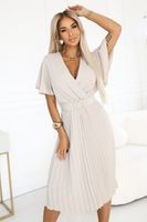 607-1 LYRA pleated midi dress with envelope neckline and wide belt - beige