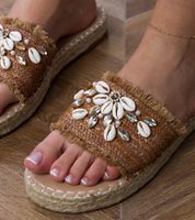 D/CEO Brown woven espadrille slides with walrus shells