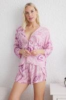 Trendyol Pink Ethnic Patterned Tie/Bow Detailed Viscose Woven Pajama Set