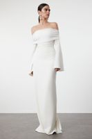 Trendyol White Carmen Collar Knitted Long Evening Evening Dress