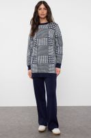 Trendyol Navy Blue Houndstooth Patterned Sweater-Pants Knitwear Set