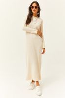 Olalook Women's Stone Crew Neck Long Knitwear Dress