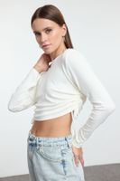 Trendyol Ecru Side Gathered Crop Fitted/Fits Body Knitted Blouse