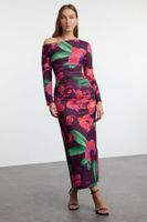 Trendyol Multicolored Floral Fitted Gather/Drape Detail Maxi Knit Dress