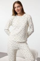 Trendyol Ecru Soft Touch Cotton Floral Ribbed Knitted Pajama Set