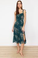 Trendyol Green Floral A-Line Slit Gimped Back Detail Chiffon Lined Midi Woven Dress