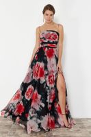 Trendyol Fuchsia-Multicolored Floral Woven Long Evening Dress