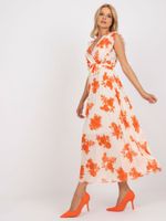 Beige and orange long pleated dress with prints