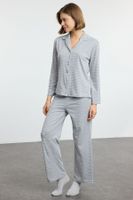 Trendyol Gray Melange Striped Soft Touch Piping Viscose Knitted Pajama Set