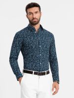 Ombre Men's SLIM FIT patterned cotton shirt - dark blue