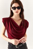 Olalook Women's Burgundy Waisted Collar Flowy Blouse