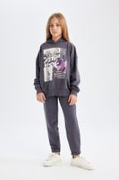 DEFACTO Girls 2-Piece Set Crew Neck Printed Sweatshirt Elastic Waist Jogger Tracksuit Bottoms