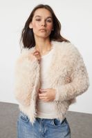 Trendyol Stone Soft Textured Furry Coat Look Knitwear Cardigan