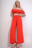 Trend Alaçatı Stili Women's Coral Madonna Collar Gimped Crop Blouse And Palazzo Pants Woven Bottom Top Set