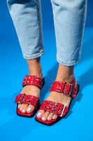 LuviShoes Blob Red Patent Leather Silver Buckle Women's Sandals