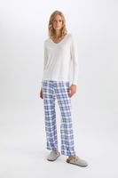 DEFACTO Fall In Love Pajama Set V Neck Long Sleeve Basic Plain Top Plaid Elastic Waist Bottom