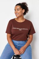 Trendyol Curve Brown 100% Cotton Motto Printed Relaxed/Wide Comfort Fit Knitted T-Shirt