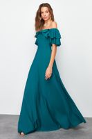 Trendyol Emerald Green A-Cut Flounce Woven Long Elegant Evening Dress