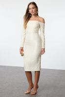 Trendyol Gold Carmen Collar Woven Chic Midi Evening Dress