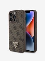 Guess PU 4G Strass Triangle Metal Logo Zadní Kryt pro iPhone 15 Pro Max Brown Etui za telefon ljubičasta