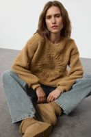 Trendyol Light Brown Plush Embroidered Oversize/Wide Pattern Thick Knitted Sweatshirt