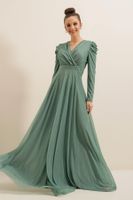 By Saygı Lace Neck Shoulder Pleated Lined Glittery Long Dress