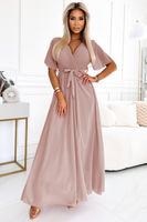 545-6 Long dress with pleated neckline and tie - taupe