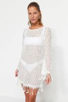 Trendyol Ecru Mini Knitted Tasseled Beach Dress