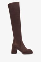 Estro: Ciemnobrązowe kozaki damskie z elastyczną cholewą z weluru naturalnego