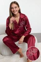 Trendyol Burgundy Stone Ribbon/Bow Accessory Detailed Satin Woven Pajama Set