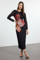 Trendyol Black Floral Maxi Floral Printed Fitted/Fits Tulle Stretch Knit Dress