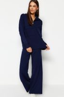 Trendyol Navy Blue Wide Fit Zippered and Pocketed Knitwear Bottom-Top Set