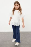 Trendyol Ecru Girl's Sleeve and Hem Detailed Short Sleeve Cotton Knitted T-Shirt