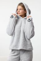 Trendyol Gray Hooded and Embroidered Wellsoft Winter Knitted Pajama Set